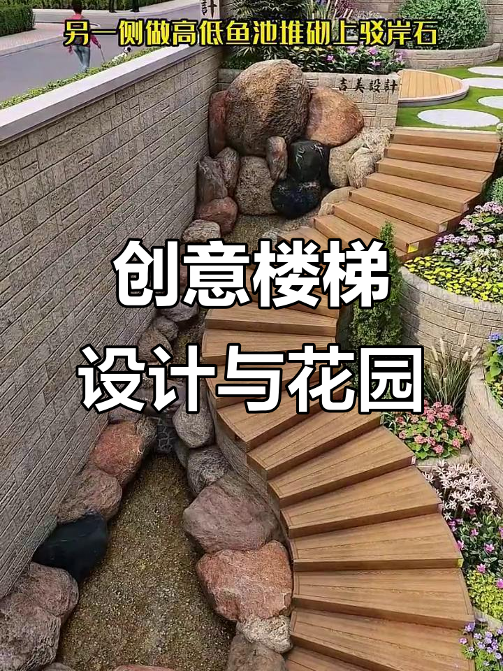 楼梯设计新风潮，曲线造型+高低花坛与鱼池搭配