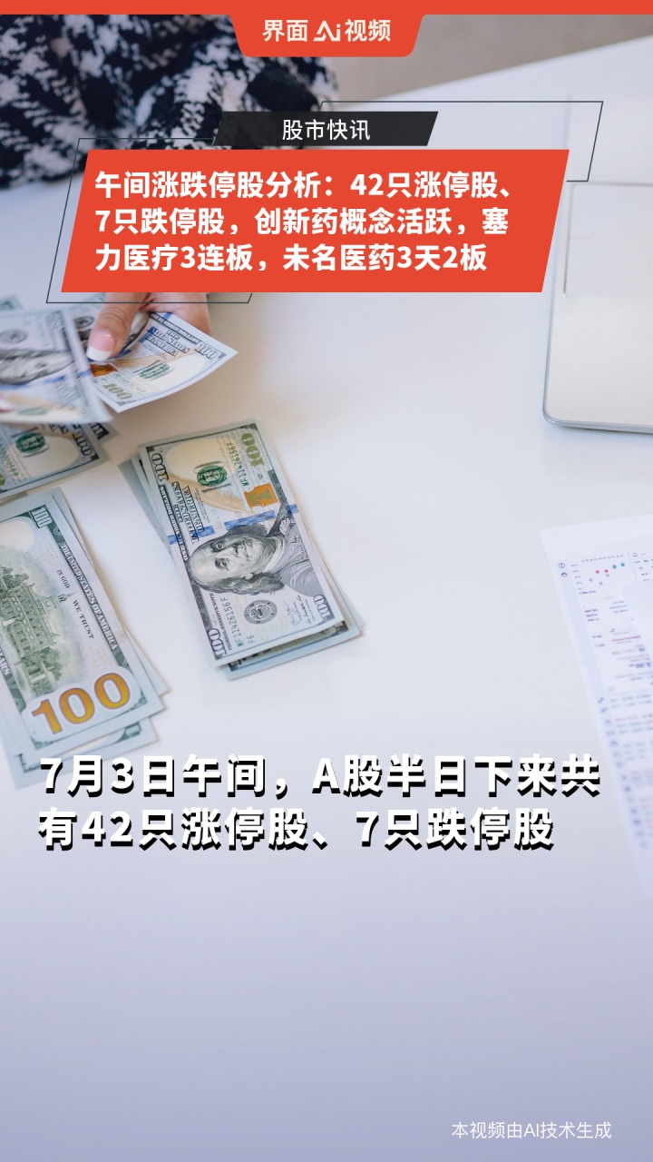 午间涨跌停股分析:42只涨停股、7只跌停股,创新药概念活跃,塞力医疗3连板,未名医药3天2