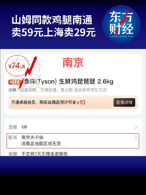 「山姆同款鸡腿南通卖59上海卖29」有网友发现,山姆app某品牌生鲜鸡腿南京和上海价格差4