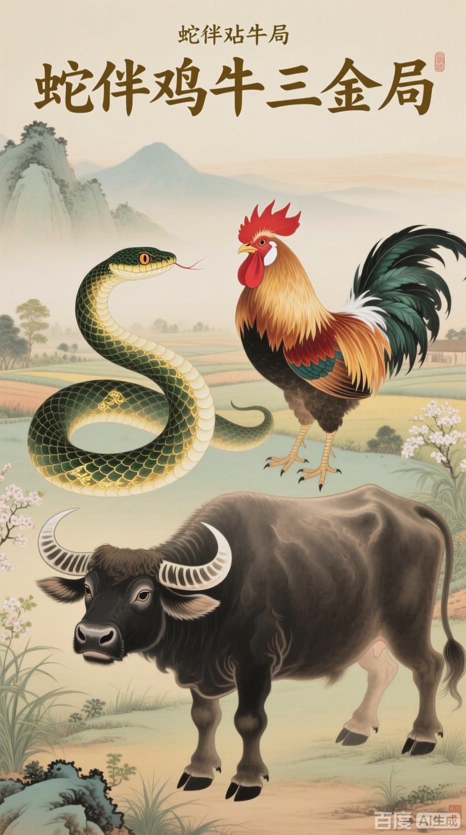 蛇伴鸡牛，三合金局保安康