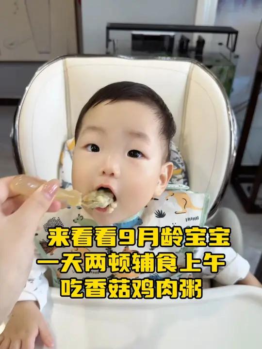 「上」鸡肉,今天吃香菇鸡腿粥,香菇和鸡肉中都含对人体有益的营养物质,易被吸收,可以增强宝宝