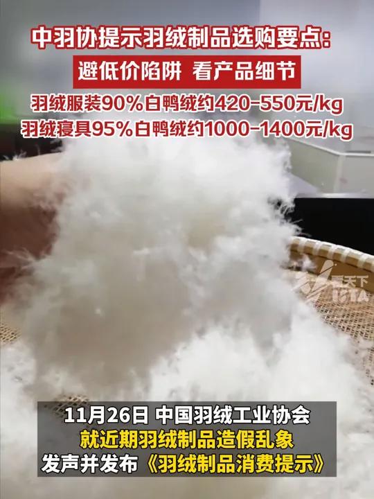 中羽协提示羽绒制品选购要点:避低价陷阱、看产品细节,按今年原料价格水平,羽绒服装90%白鸭
