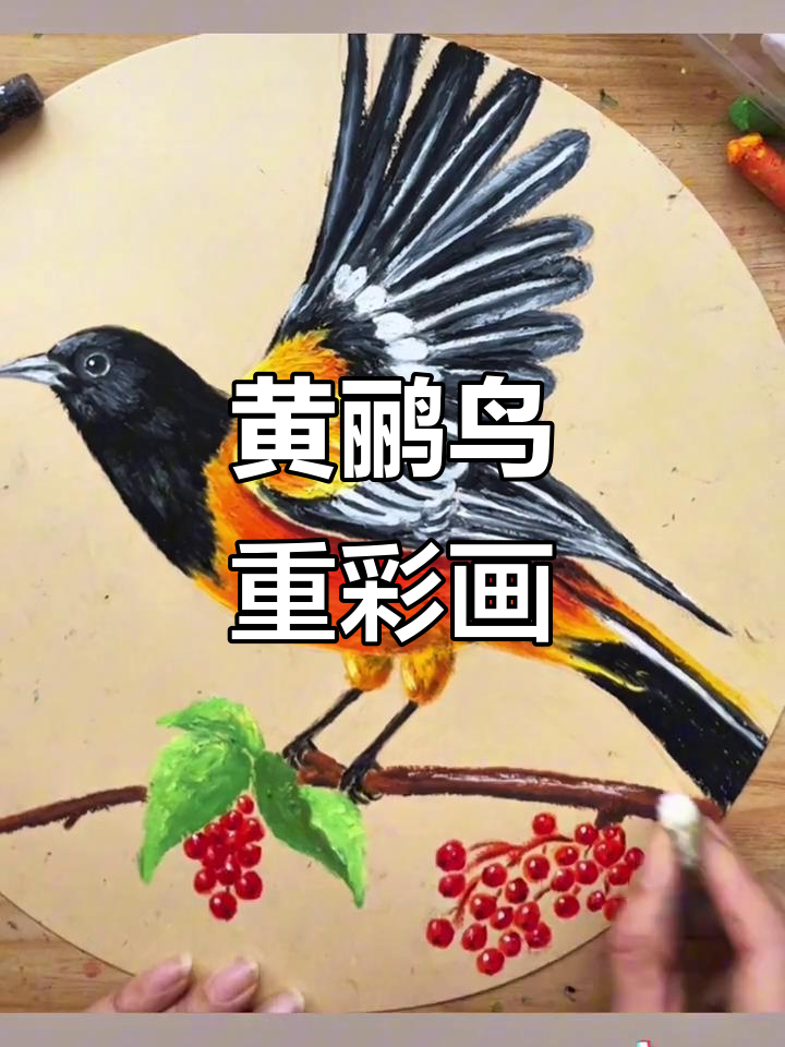 重彩油画棒绘制黄鹂鸟,细节满满的艺术体验