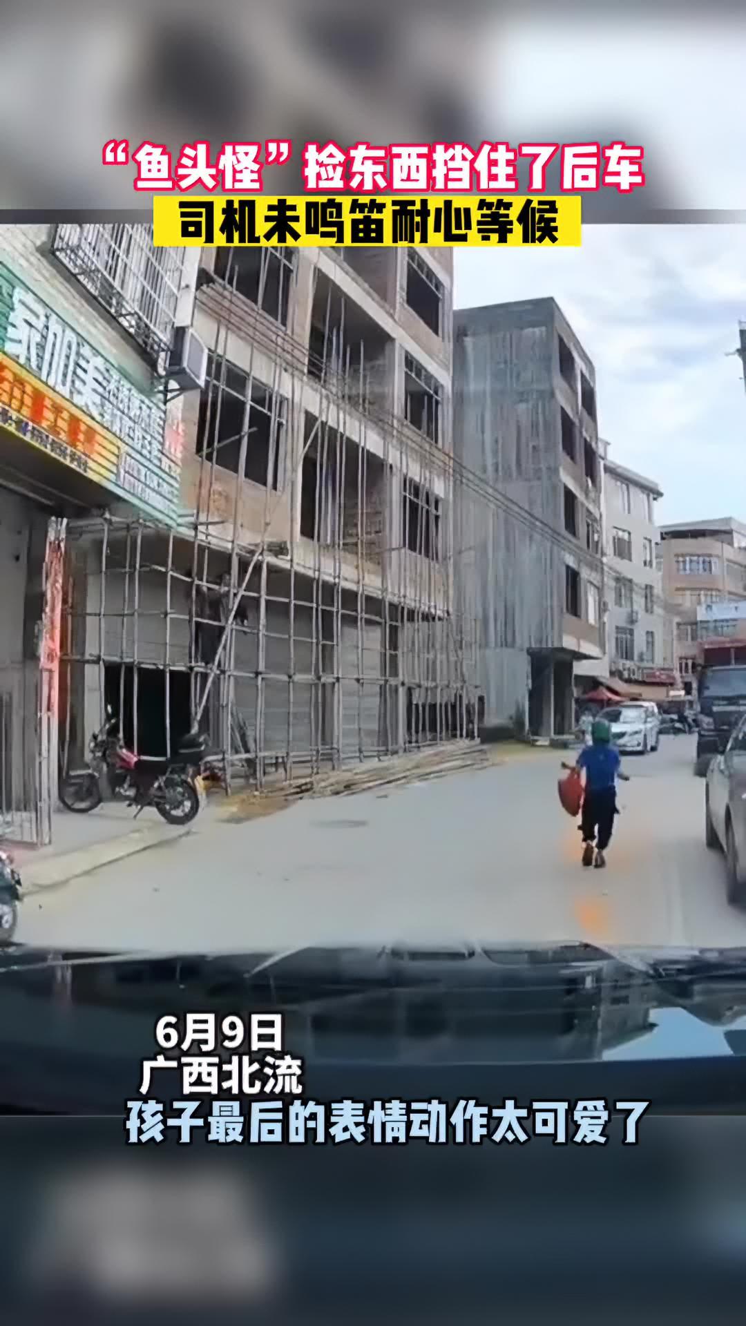 “鱼头怪”捡东西挡住了后车,司机未鸣笛耐心等候,孩子最后的表情动作太可爱了 熊孩子搞笑日常