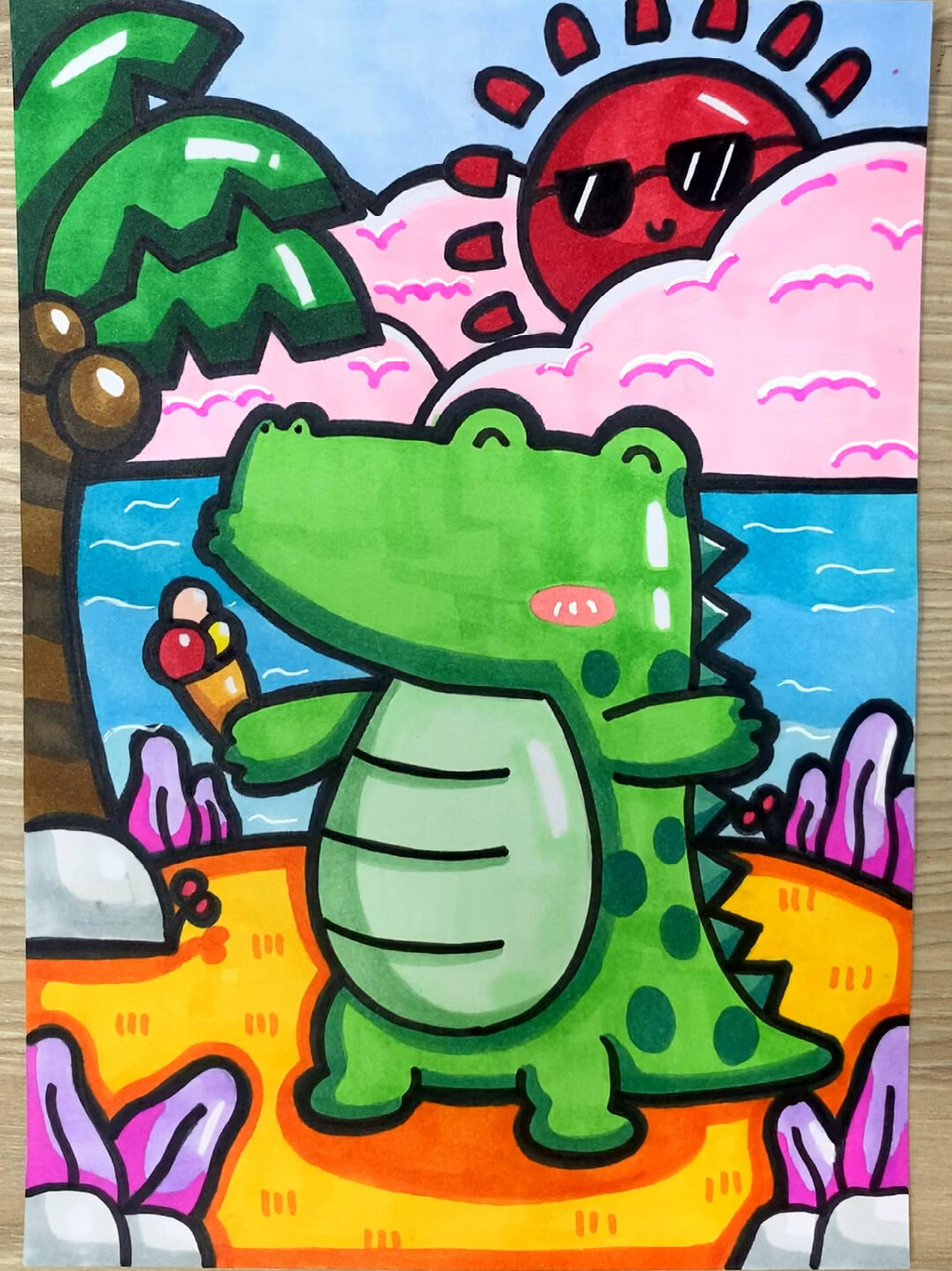 「快乐的小鳄鱼」马克笔手绘卡通儿童画简笔画
