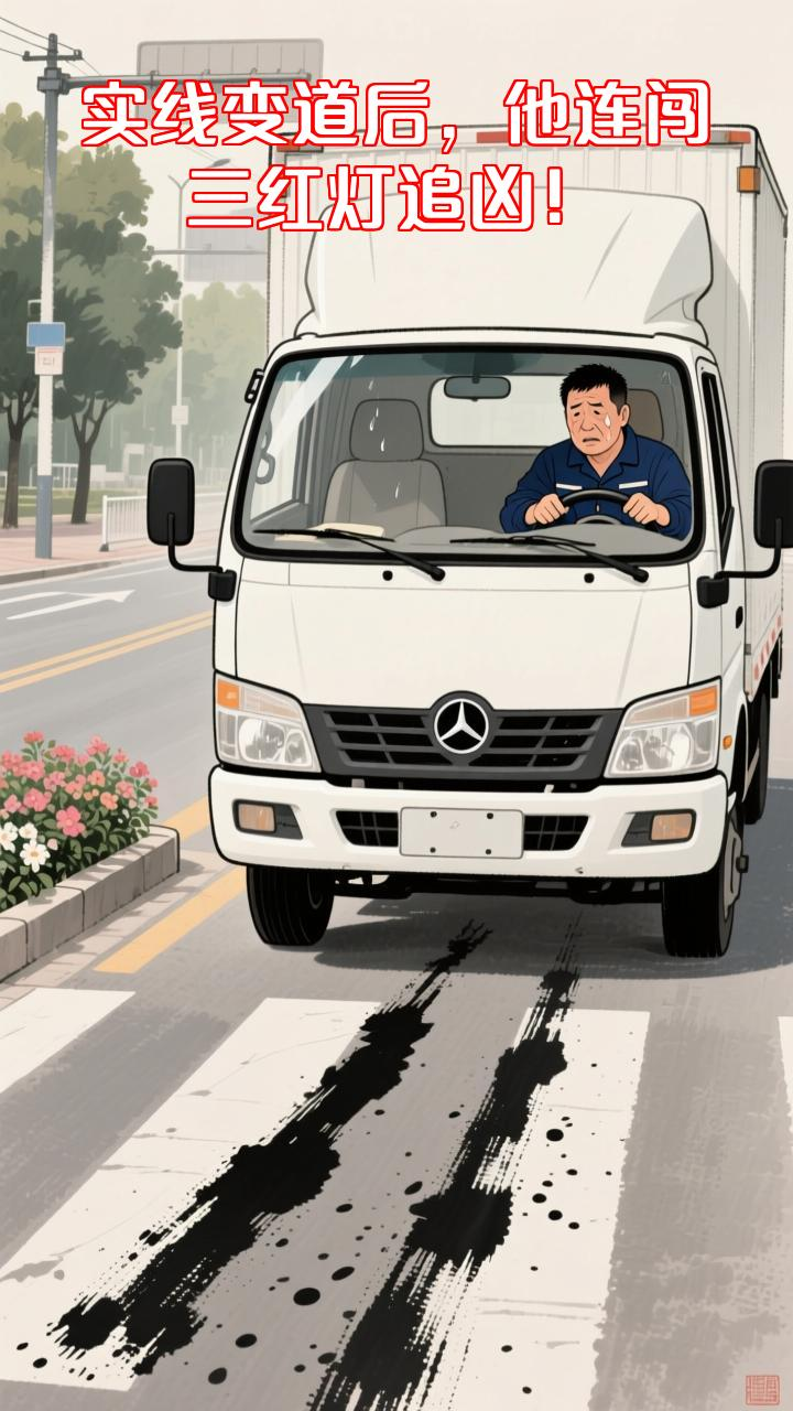 面包车实线变道险酿车祸，货车司机连闯三红灯狂追截停！