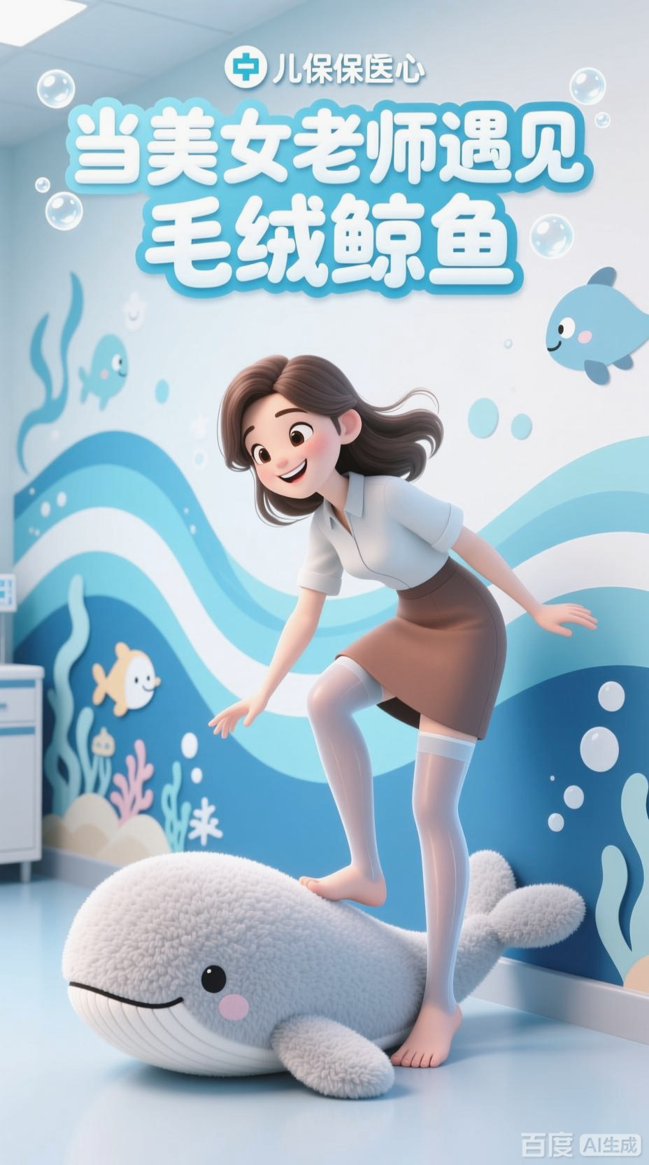 美女老师与毛绒鲸鱼的趣味互动