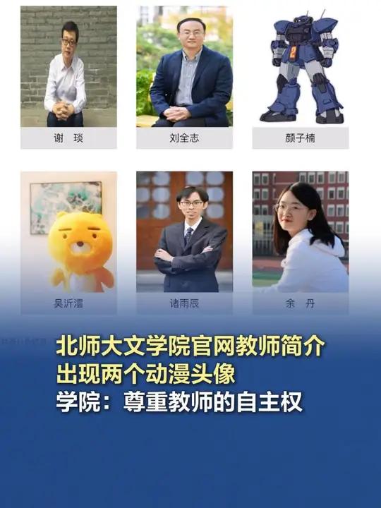 北师大文学院官网教师简介出现蓝色机甲、黄色毛绒玩偶头像 近日,北京师范大学文学院官网“中国