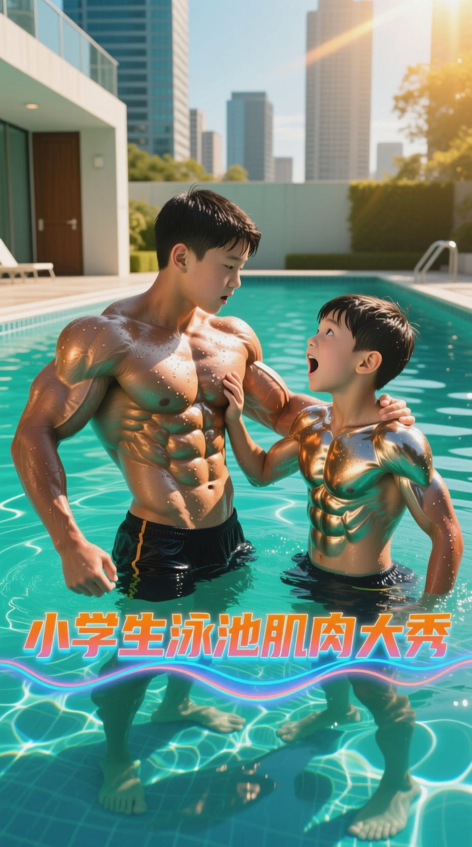 小学生泳池肌肉展示