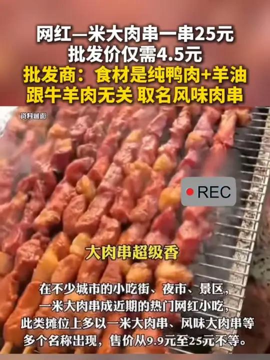 网红—米大肉串一串25元 批发价仅需4.5元 批发商:食材是纯鸭肉+羊油 跟牛羊肉无关 取