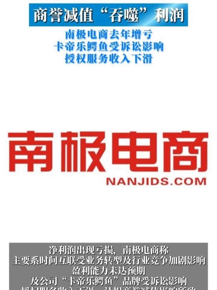商誉减值“吞噬”利润，南极电商去年增亏，卡帝乐鳄鱼受诉讼影响授权服务收入下滑。#南极电商 