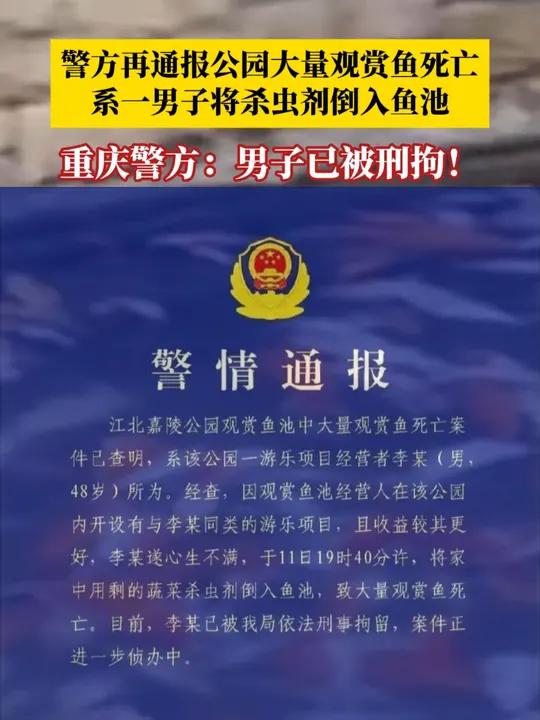 1月13日,重庆警方再通报江北嘉陵公园大量观赏鱼死亡:系一游乐项目经营者将蔬菜杀虫剂倒入鱼