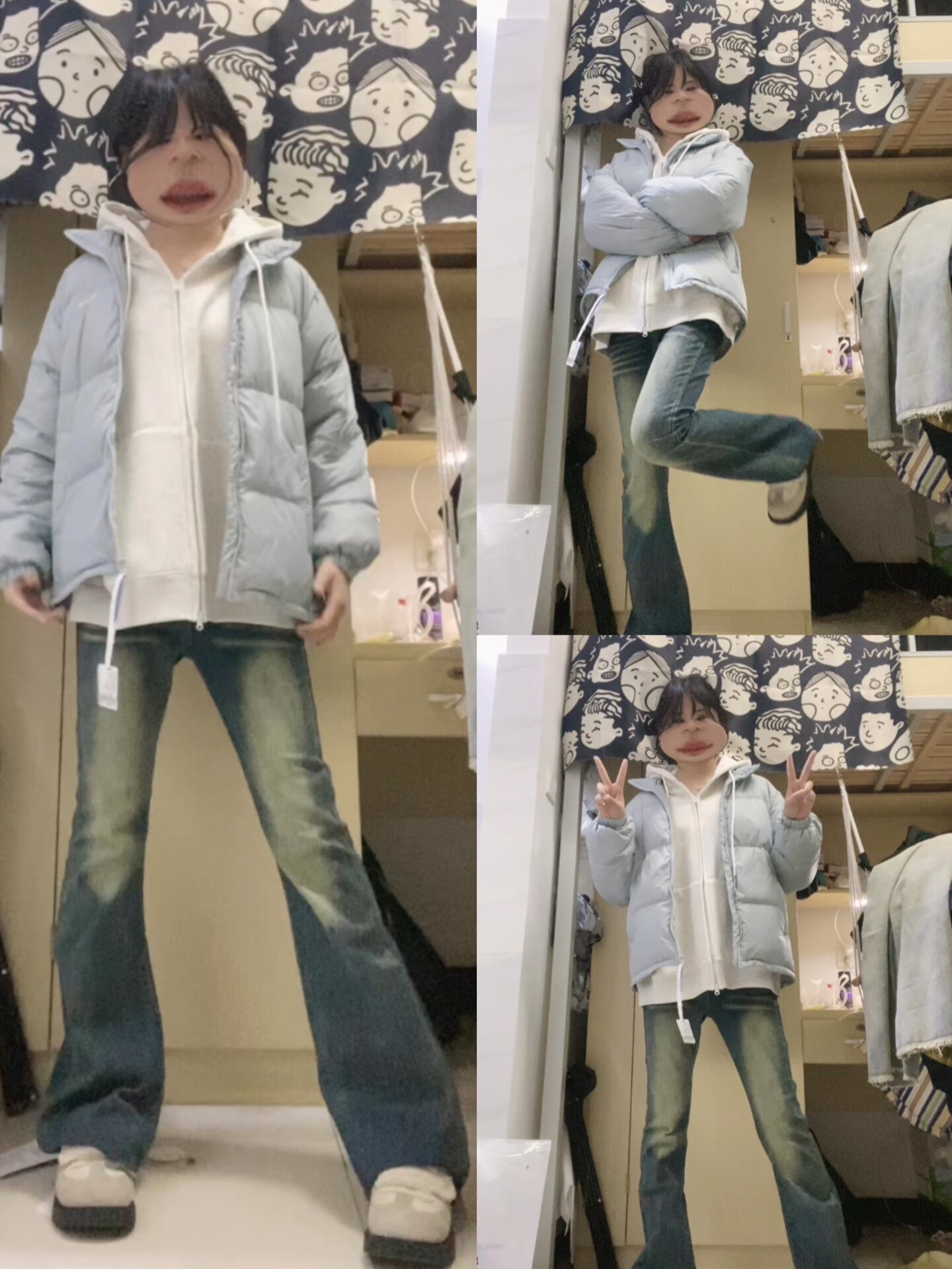 浅蓝色羽绒服搭配这条微喇裤真的超级好看