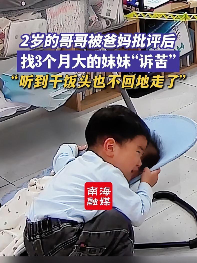 2岁的哥哥被爸妈批评后,找3个月大的妹妹“诉苦”,网友:听到干饭头也不回地走了。(来源:@