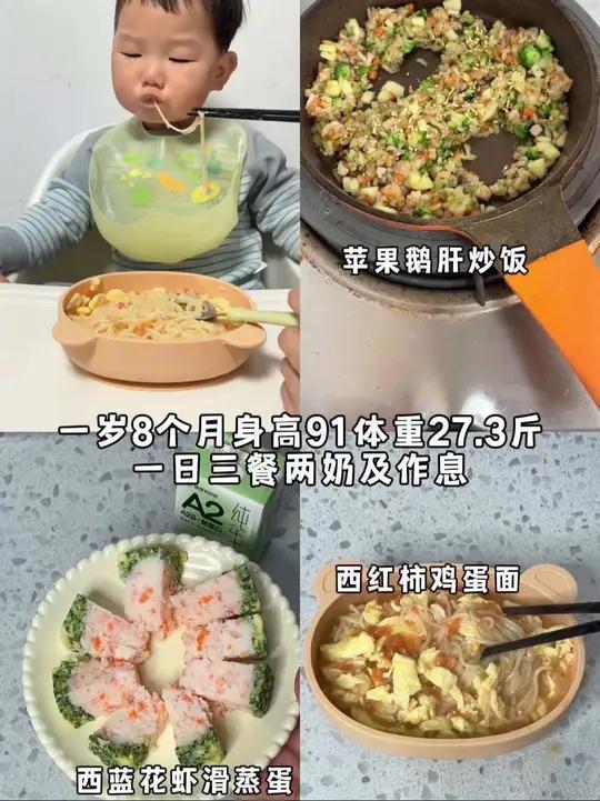 一岁8个月宝宝一日三餐作息,身高91,体重27.3。每天3顿饭2顿奶,早餐西蓝花虾滑蒸蛋,