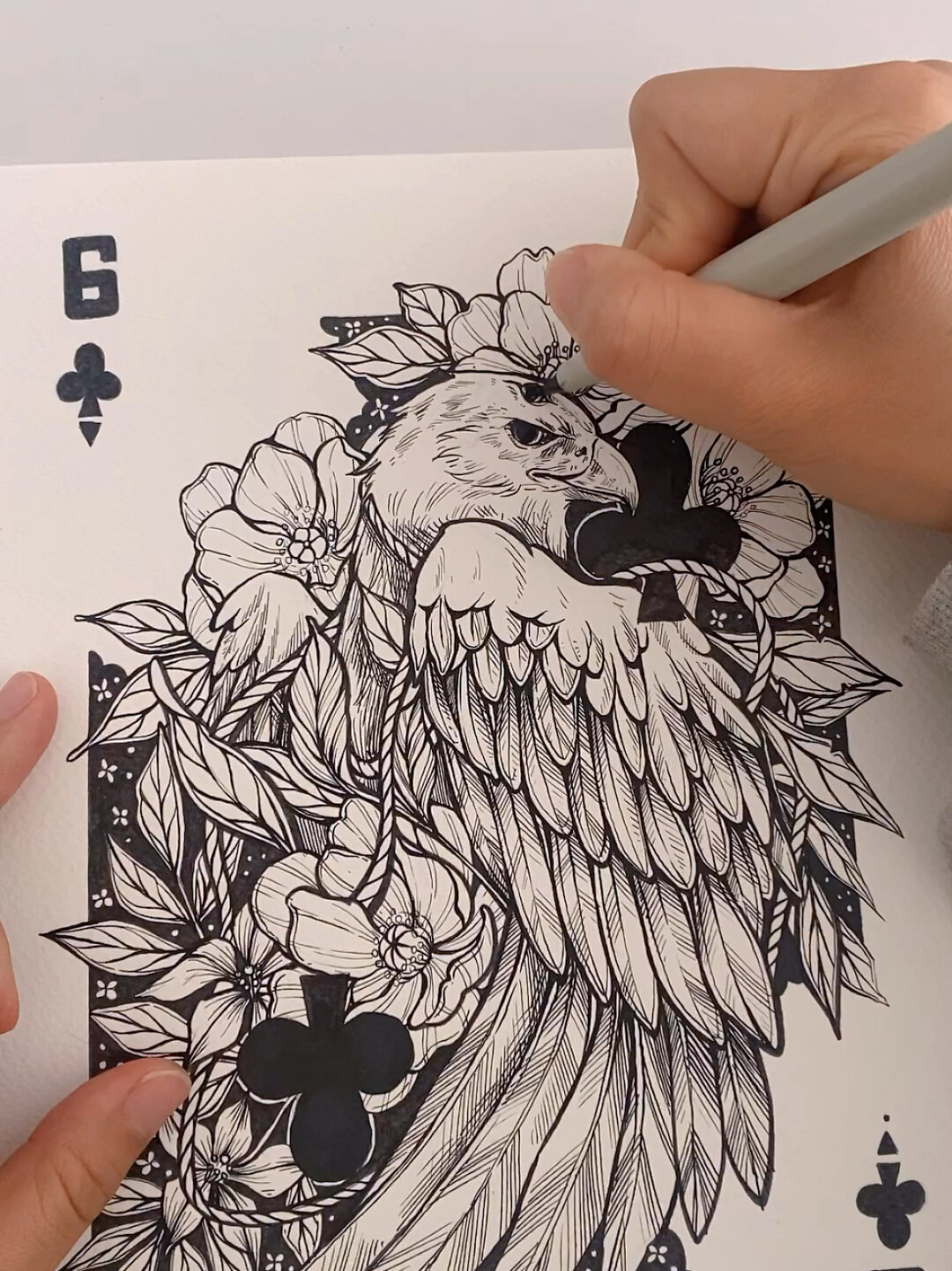 手绘一套扑克牌|草花6|线描|黑白装饰画