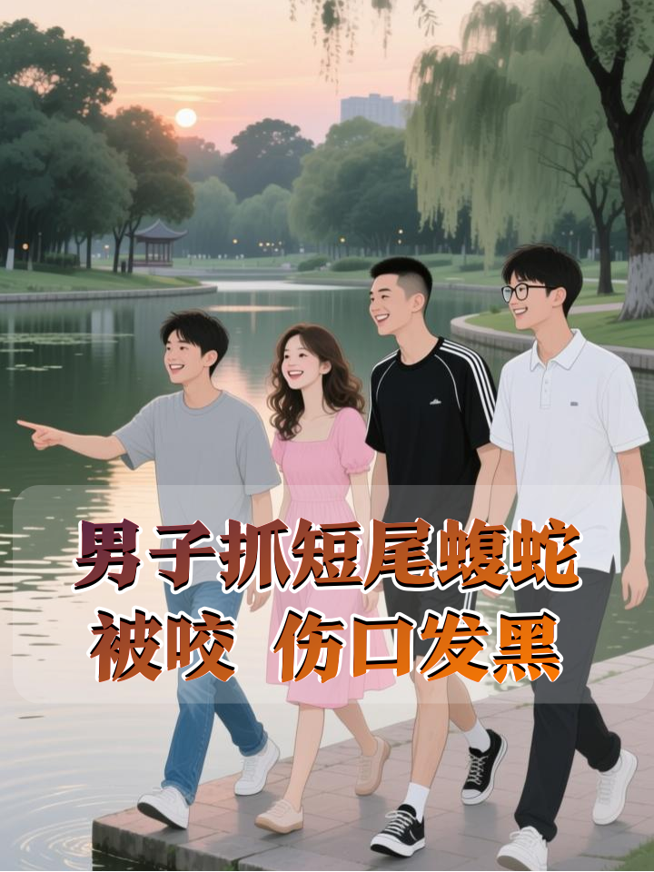男子好奇伸手抓路边水池的短尾蝮蛇，被咬伤后伤口肿胀发黑 更