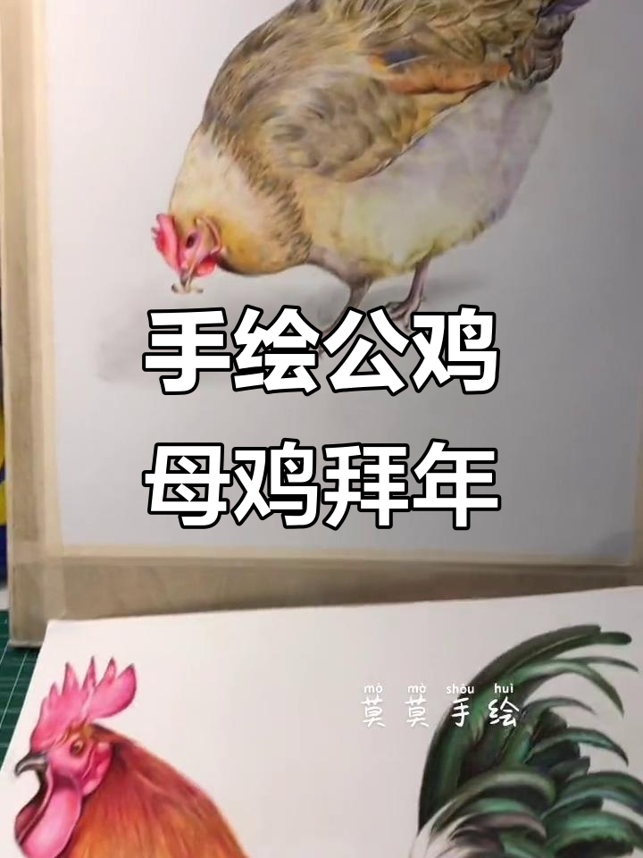 彩铅手绘大公鸡小母鸡，拜年送祝福！