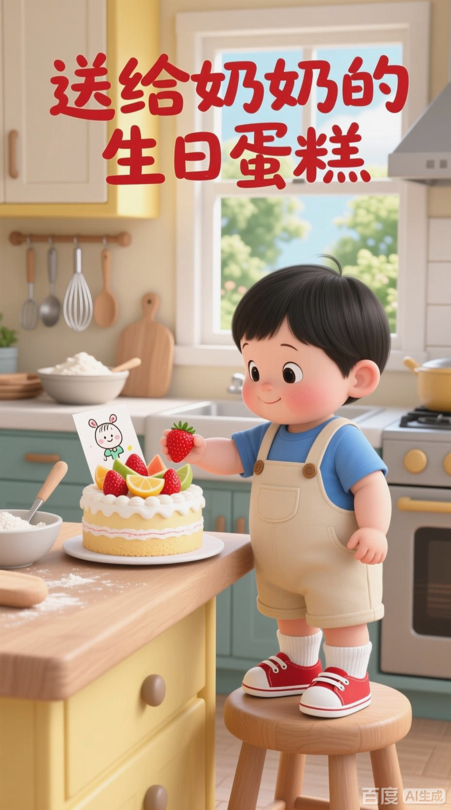 两岁宝宝为奶奶制作生日蛋糕