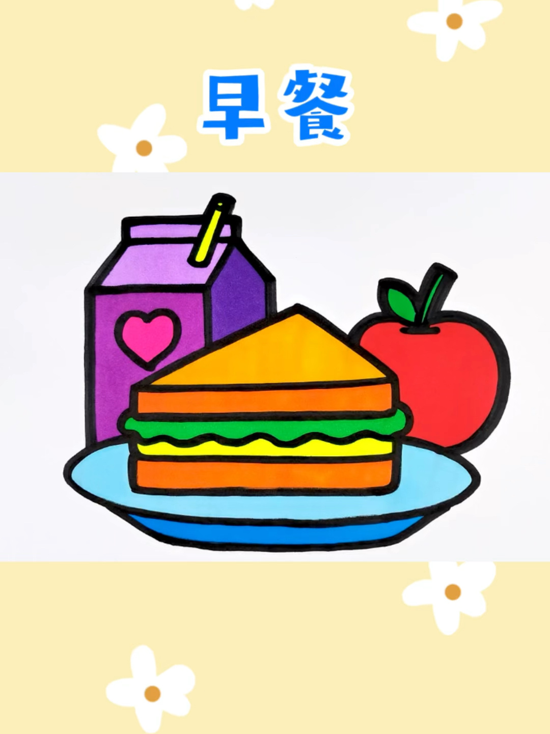 牛奶面包苹果创意简笔画涂色 儿童卡通画