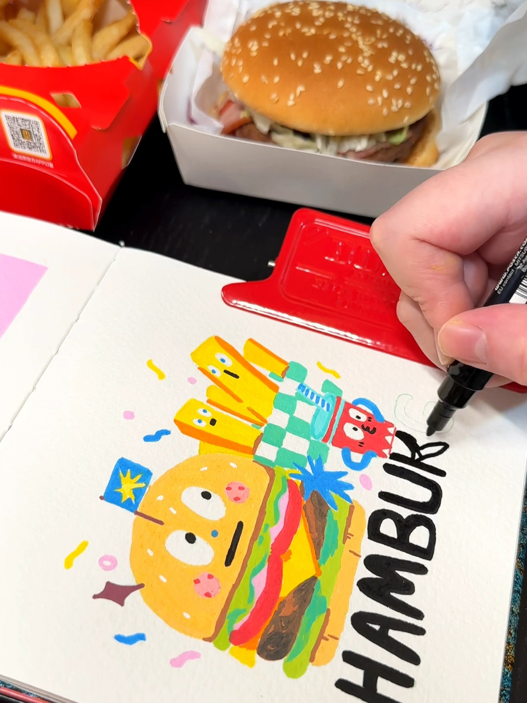 画汉堡包薯条/丙烯马克笔
