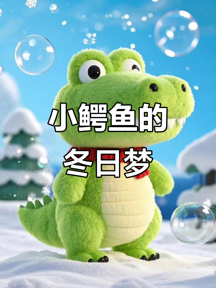 萌到不行!绿色小鳄鱼躺在雪地,温暖又梦幻的3D插画