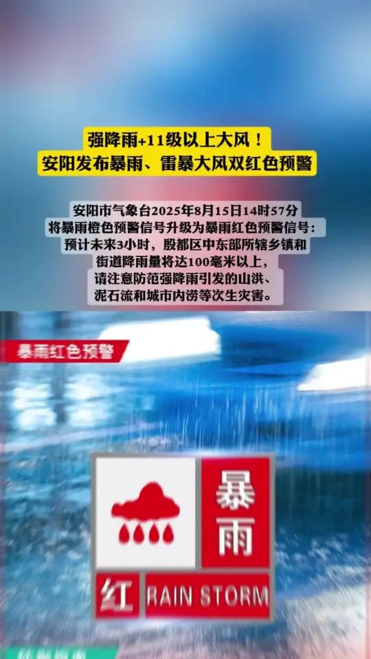 强降雨+11级以上大风!安阳发布暴雨、雷暴大风双红色预警  安阳市气象台2025年8月15