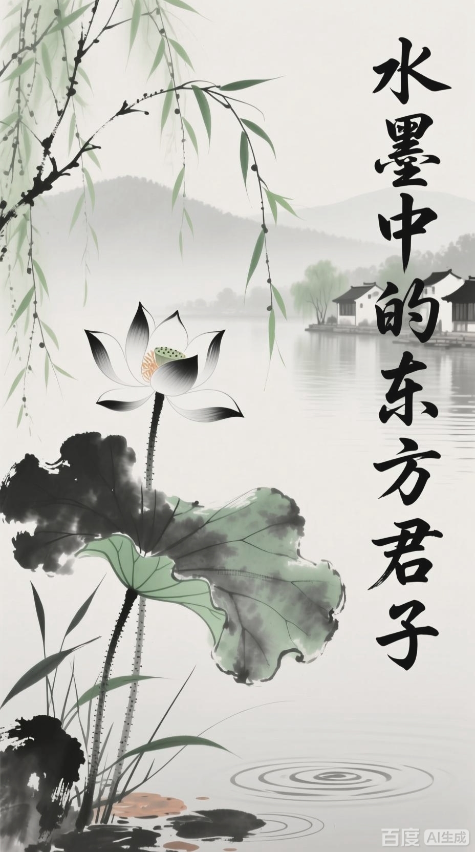 国风荷花柳条水墨画