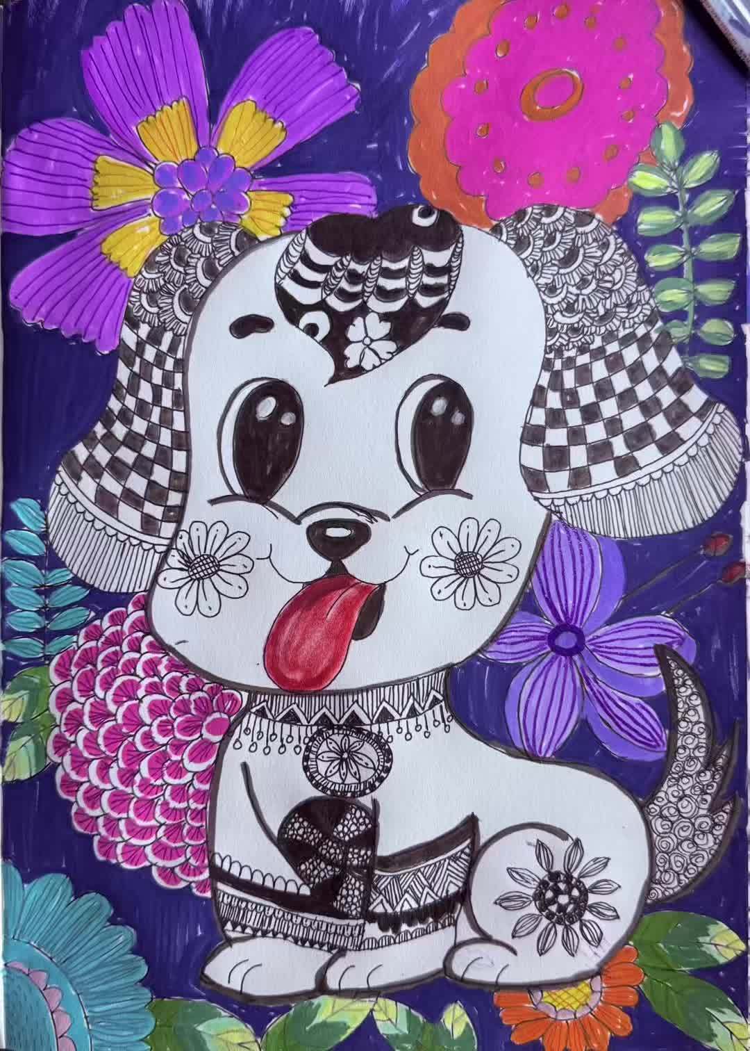 花儿与狗狗#不一样的创意美术 #手工绘画作品 #原创手工绘画 #可爱手绘动物 #卡通手绘教