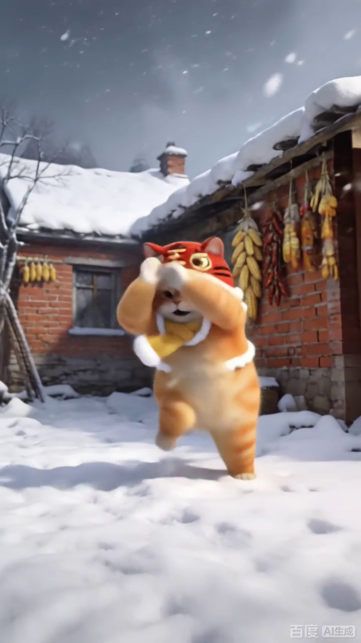 虎帽橘猫雪地搞怪