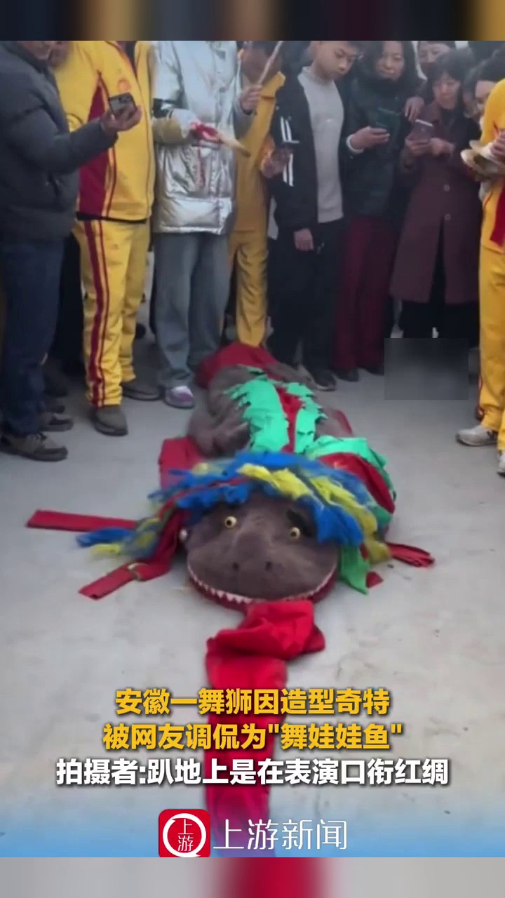 安徽一舞狮因造型奇特被网友调侃为舞娃娃鱼,拍摄者:是在表演口衔红绸
