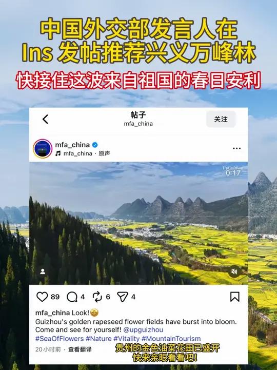 贵州万峰林6000亩油菜花进入盛花期，获中国外交部发言人ins账号宣推，向世界种草万峰林早