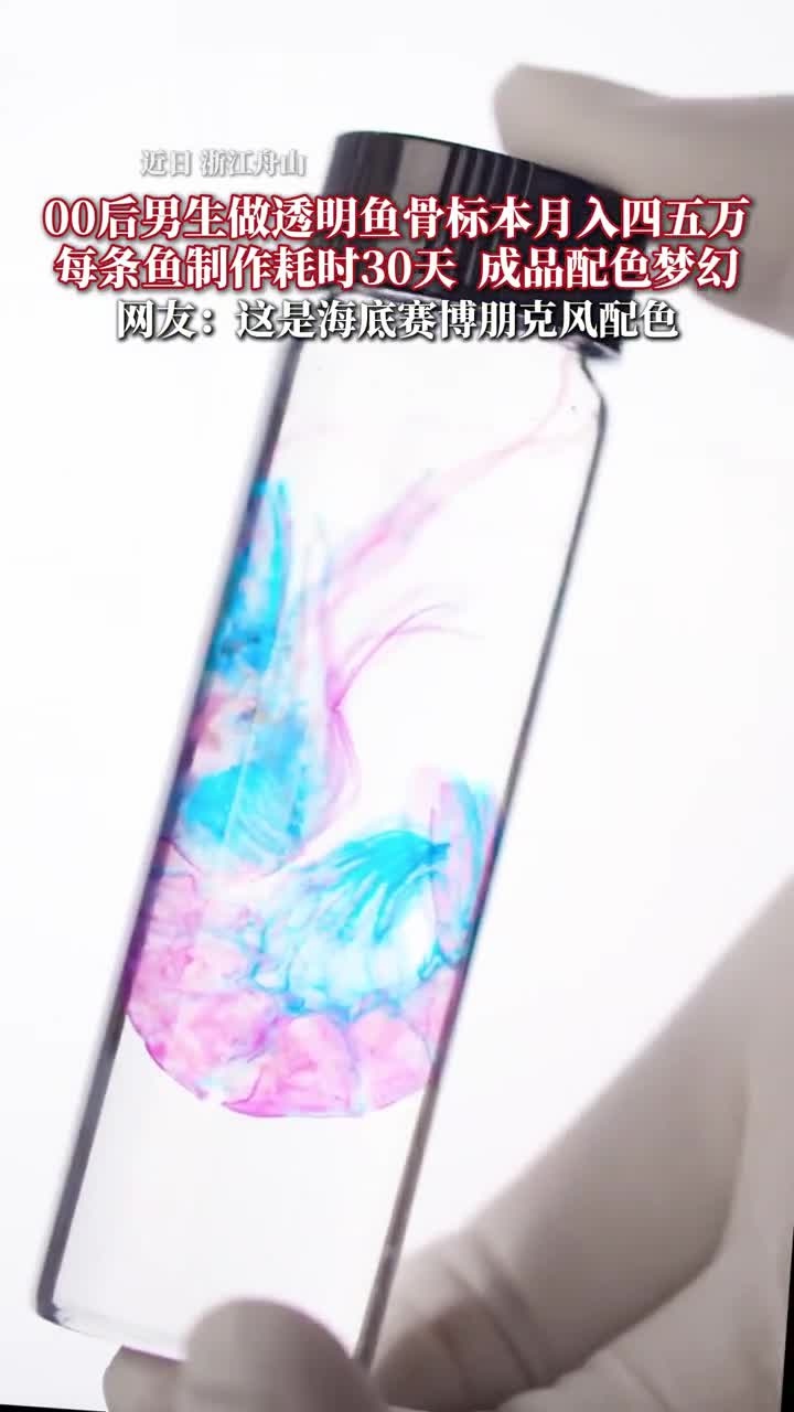 浙江“00”后男生做透明鱼骨标本月入四五万，成品配色梦幻，许多人买回去当伴手礼或者收藏。网