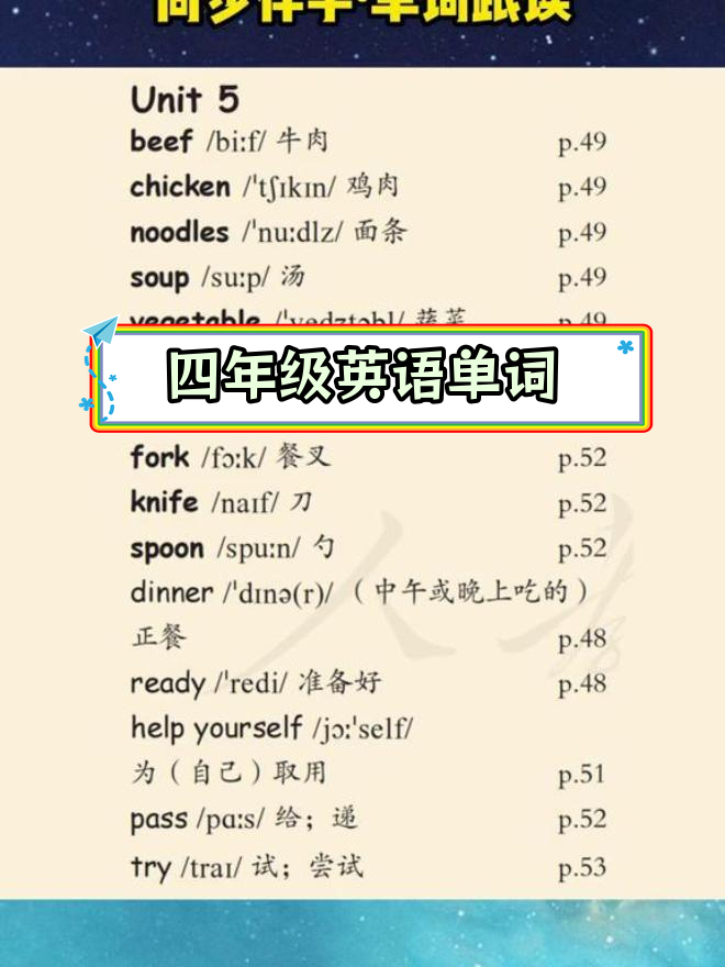 四年级英语同步单词学习:牛肉、鸡肉与蔬菜