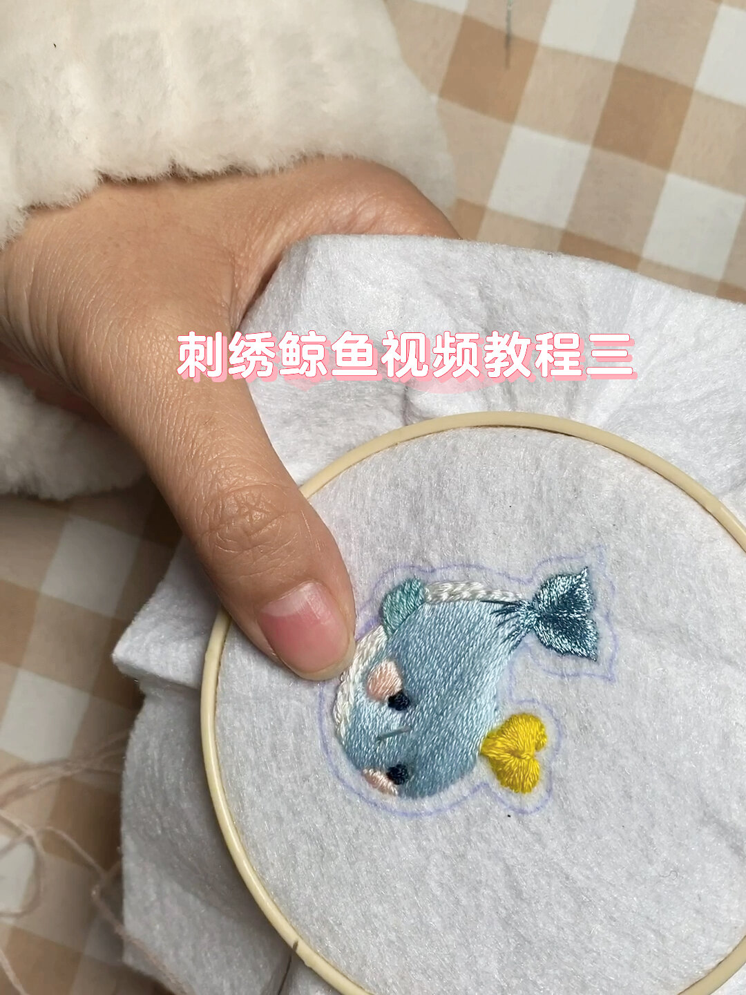 刺绣鲸鱼视频教程3|长短针 叶子绣结粒绣