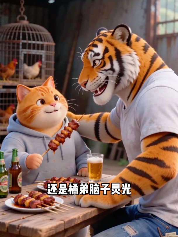 还是橘猫脑子灵光,想出钓鱼场送鸡法子#大橘为重#猫咪拟人化剧情#橘猫还是那个橘猫#ai创作