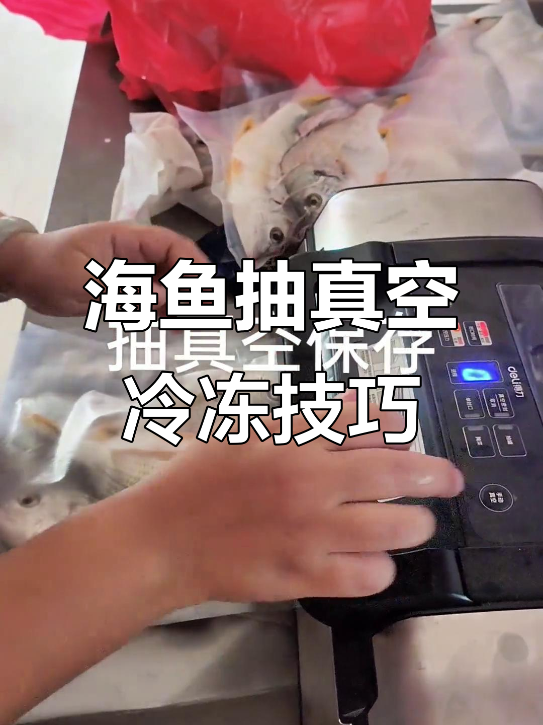 钓回来的海鱼真空包装后,放入零下30°冰箱保存