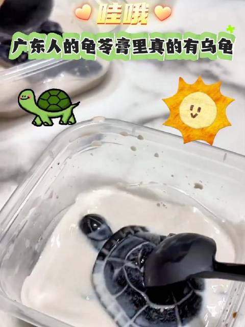 「哇哦!广东人的龟苓膏里真的有乌龟」近日,广东一女子晒出自己吃到的龟苓膏,里面竟然真的有“
