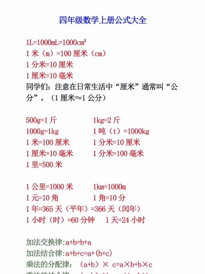 四年级数学上册必背公式汇总收藏背一背拯救偏科孩子