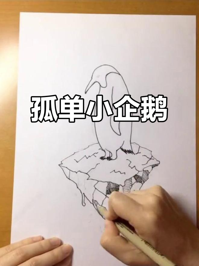 孤独的企鹅黑白画，萌萌哒！