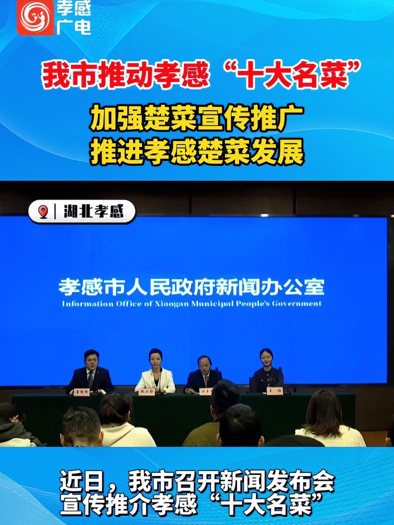 近日,我市召开新闻发布会,宣传推介孝感“十大名菜”,加强楚菜品牌建设宣传推广,持续推动孝感