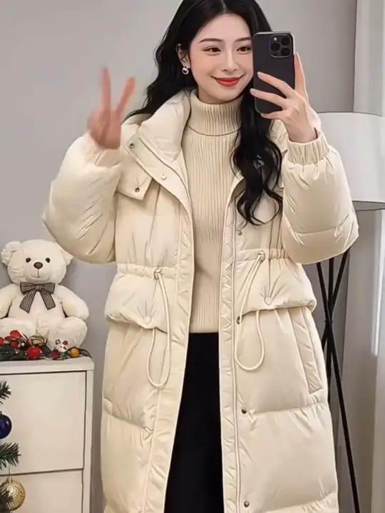 2025新款冬季羽绒服女中长款过膝连帽加厚收腰糖果色鸭绒保暖外套