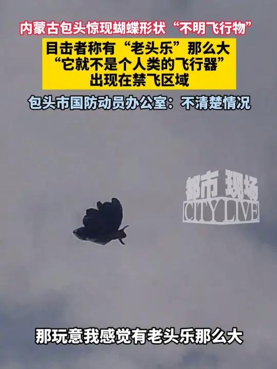 内蒙古包头惊现蝴蝶形状“不明飞行物”,目击者称有“老头乐”那么大,出现在禁飞区域。包头市国
