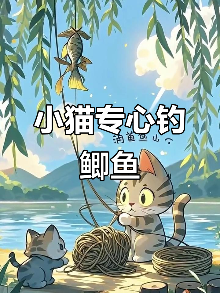 小猫钓鱼的专注与冒险,柳树枝上的意外惊喜