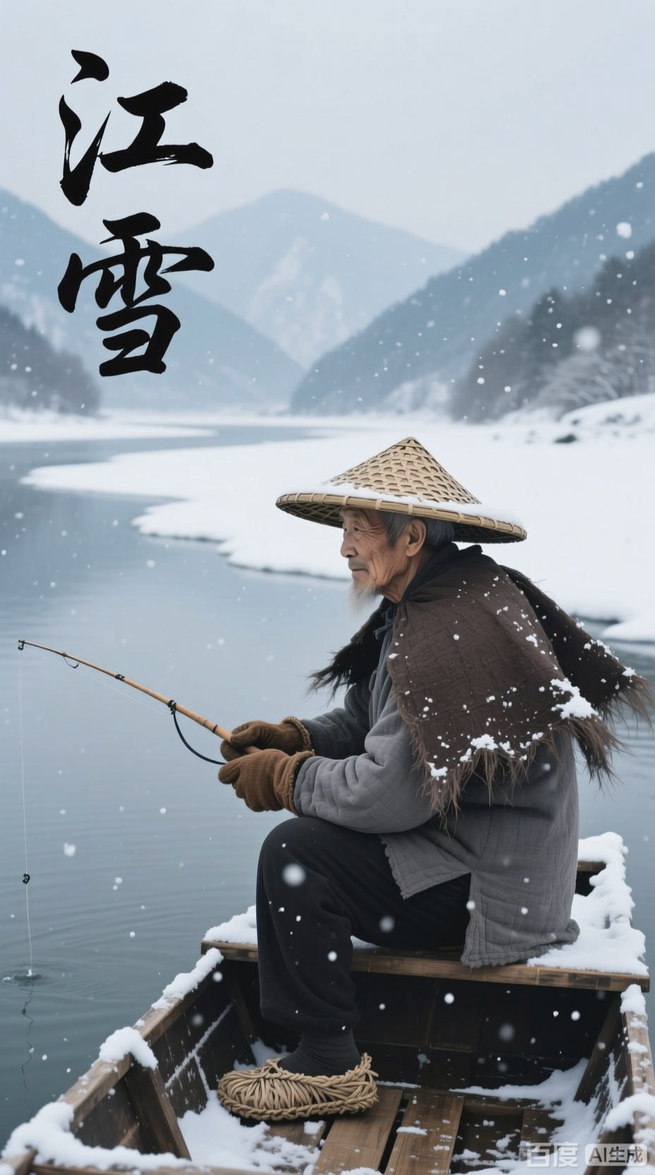 孤舟独钓,寒江雪景