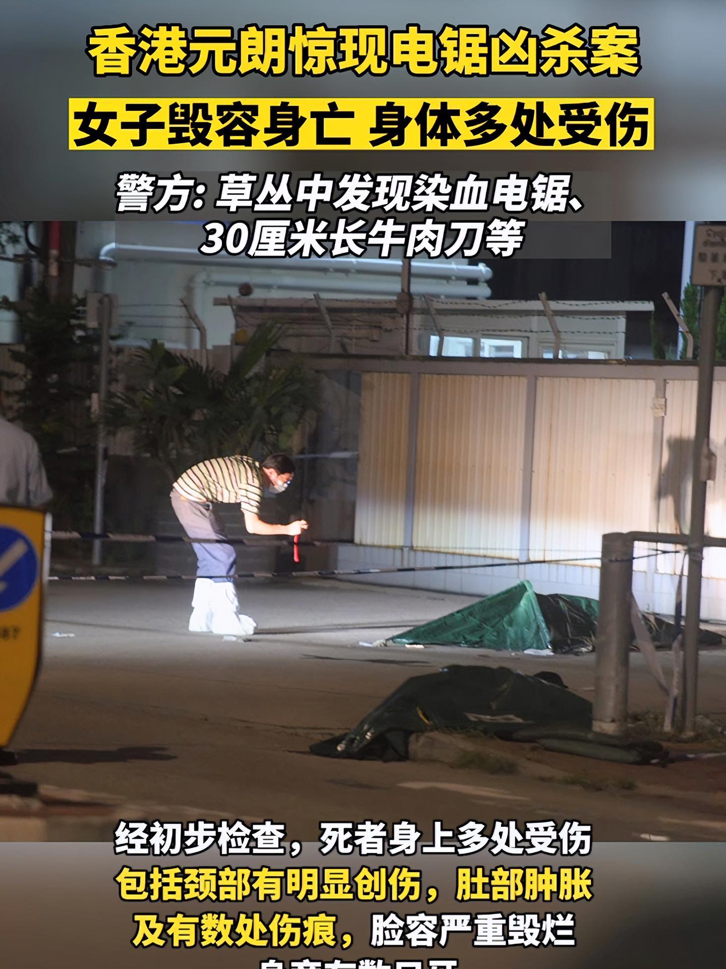 香港元朗惊现电锯凶杀案,女子毁容身亡,染血电锯、牛肉刀遗留在草丛中