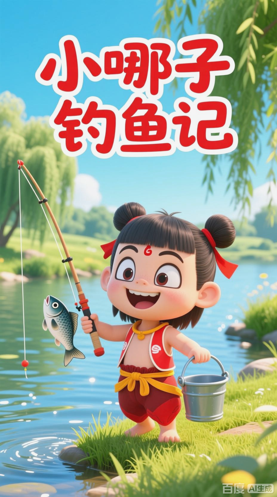 卡通哪吒的钓鱼趣事