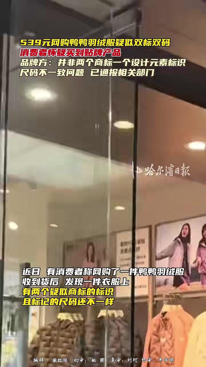 539元网购鸭鸭羽绒服疑似双标双码，消费者怀疑买到贴牌产品，品牌方：并非两个商标一个设计元