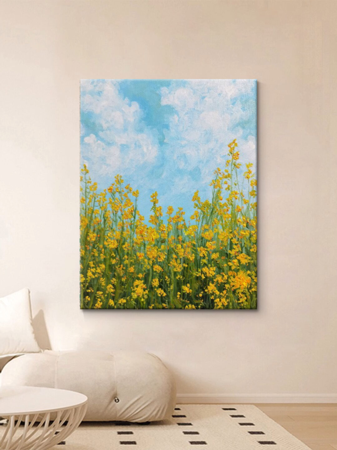 蓝天白云油菜花风景纯手绘油画现代简约植物