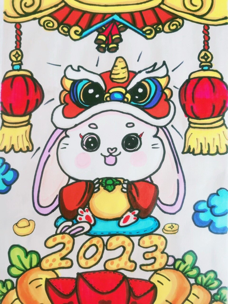 元旦的兔子主题儿童画